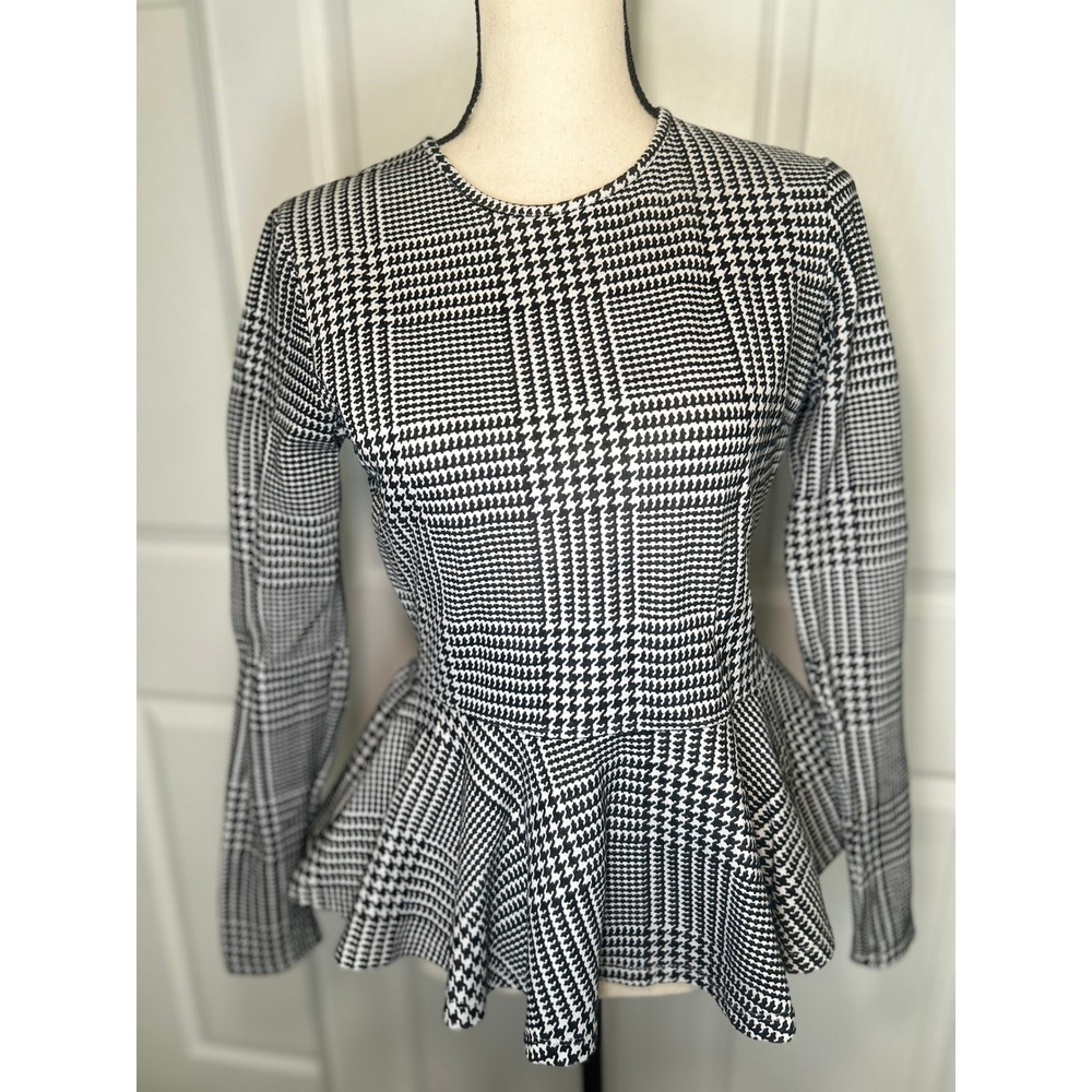 ASOS Peplum Top Houndstooth Glen Check Size 6 Black White Long Sleeve Stretch